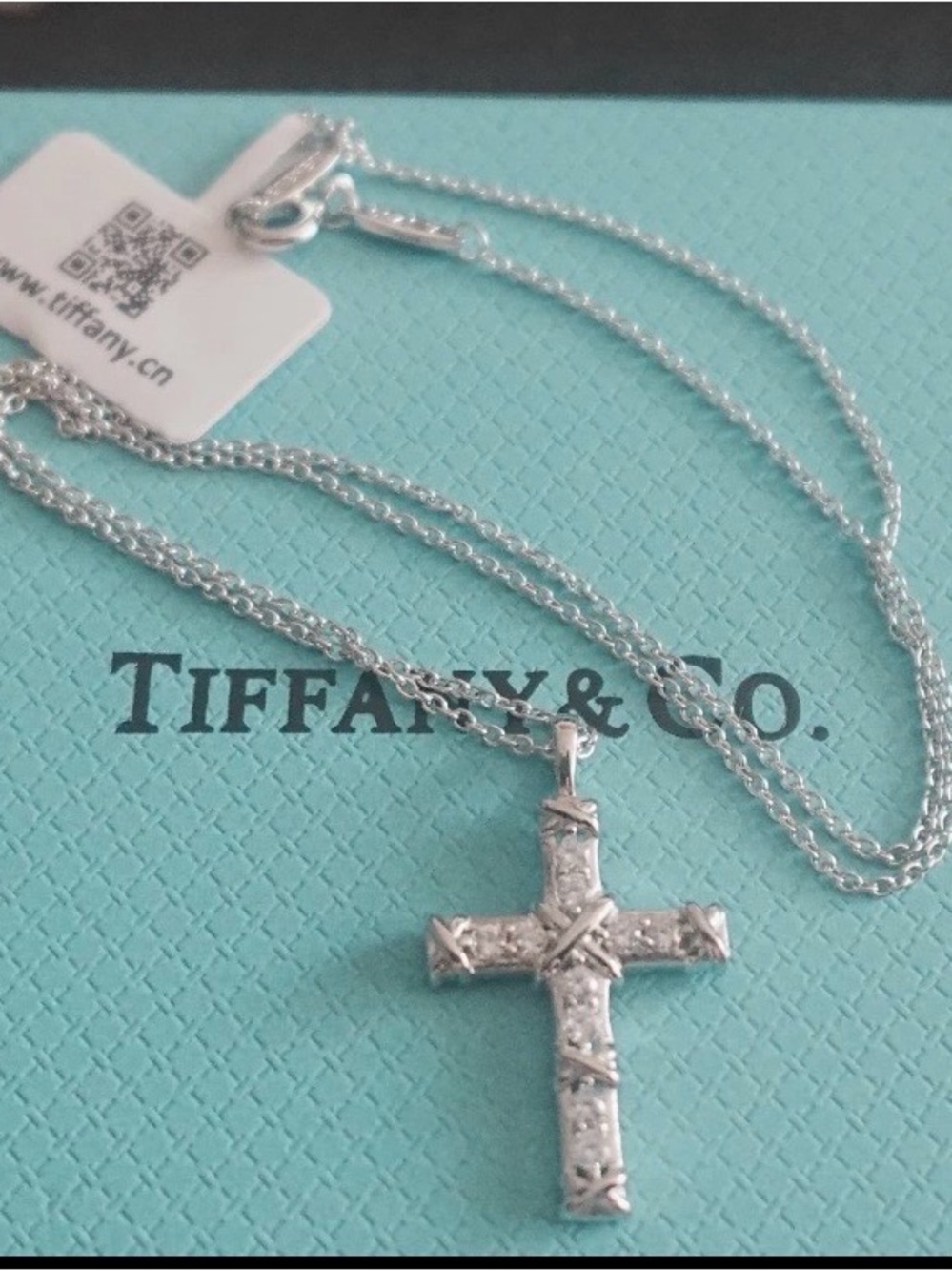 Tiffany & Co. Sterling Silver Cross Necklace on Blue Box